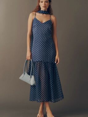 Anthropologie Maeve Navy Polka Dot Maxi Slip Dress with Scarf